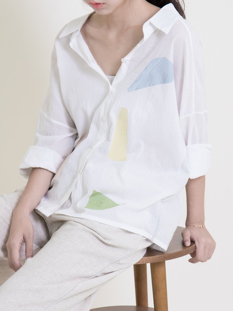 Shirt front and rear collar white - เสื้อเชิ้ตผู้หญิง - ผ้าฝ้าย/ผ้าลินิน ขาว