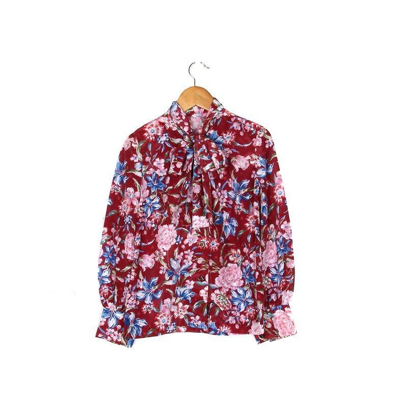 [ヴィンテージ]ナス鮮やかな赤い花のプリントヴィンテージTシャツ - シャツ・ブラウス - ポリエステル レッド