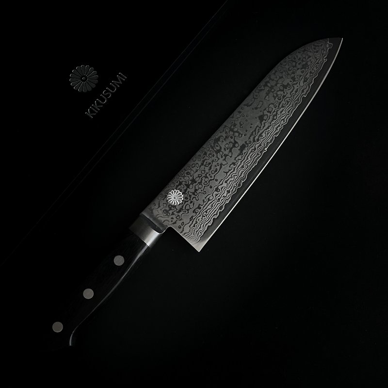 STRATUS  Santoku刀-大马士革V10镜面抛光日本不锈钢+黑色铆钉手 - 菜刀/刀架 - 不鏽鋼 銀色