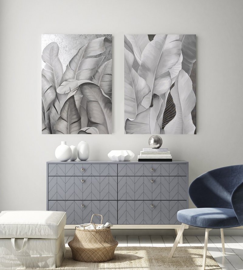 Gray Silver Painting |  Gray Silver Nature | Gray Silver Art | Silver Leaves-3 - 壁貼/牆壁裝飾 - 棉．麻 灰色