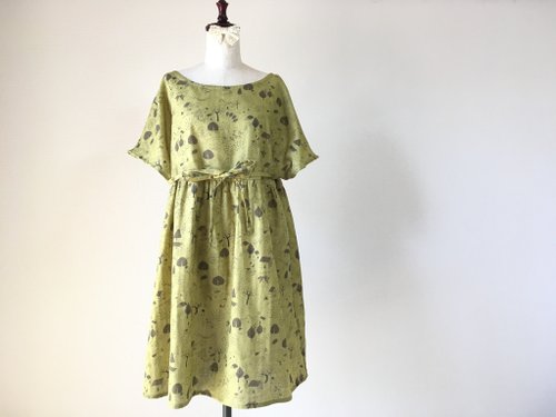 Gathered dress * olive green of the wonders of the forest * ribbon knot