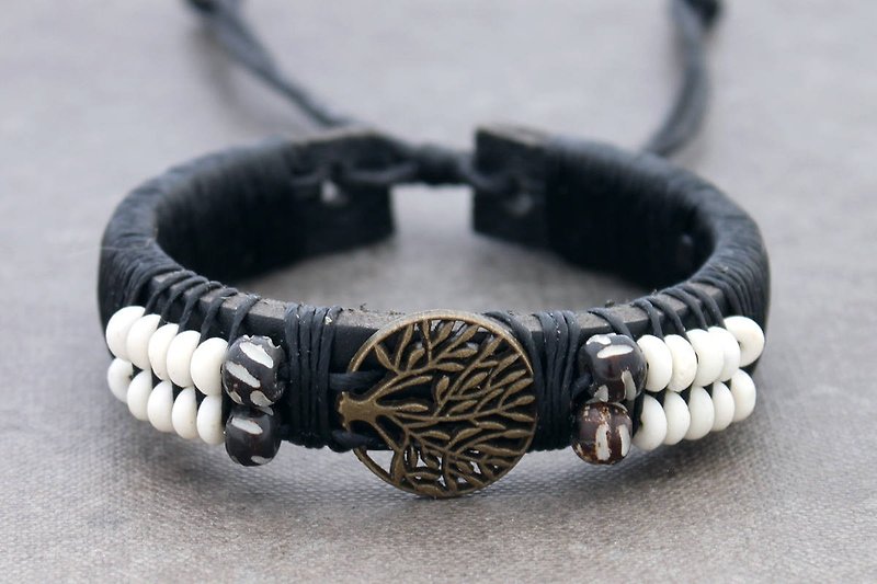 Leather Beaded Bracelets Men Unisex Charm Brass Tree Of Life Symbol Adjsutable - สร้อยข้อมือ - ผ้าฝ้าย/ผ้าลินิน สีนำ้ตาล