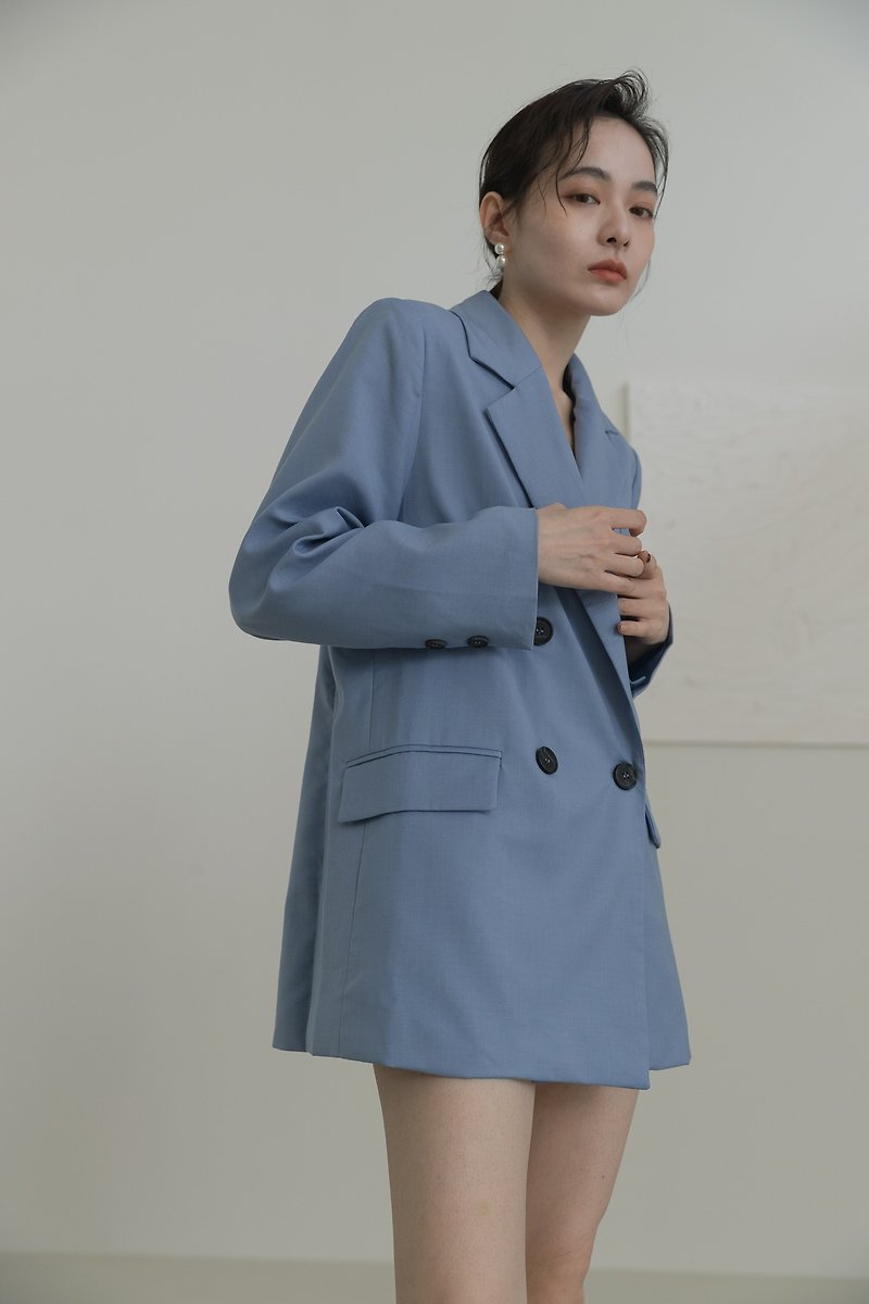 【品牌原創】Nora 慵懶風 輕薄寬版 西裝外套 隨性灰藍紫 - 女西裝外套 - 聚酯纖維 藍色
