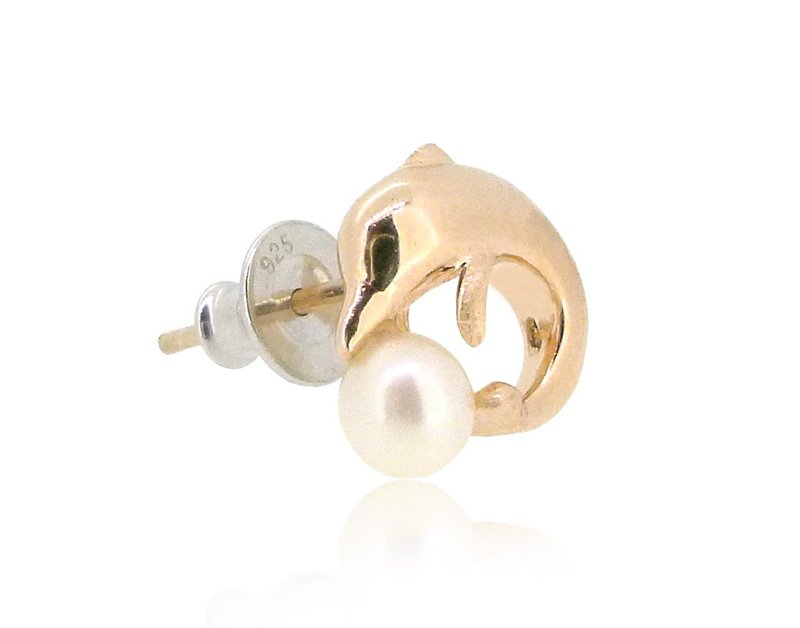 HK189~ 中華白海豚造型925純銀耳環(1對) 連天然珍珠 - 耳環/耳夾 - 純銀 粉紅色