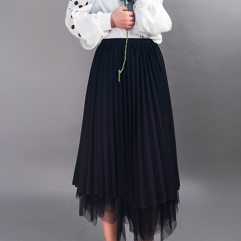 2019 women's spring wear bud silk gauze elastic waist skirt HYJ-9244X - กระโปรง - วัสดุอื่นๆ สีดำ