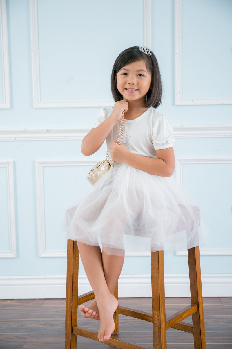 燙鑽短袖連身紗裙洋裝 Dress Tu Tu-Cream-Butterfly 米白-蝴蝶 - 男/女童禮服 - 聚酯纖維 