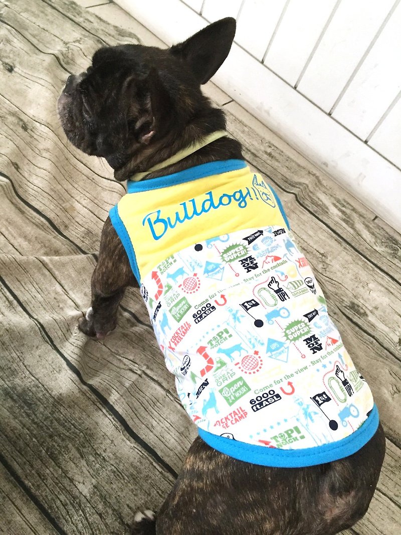 bulldog graffiti vest - ชุดสัตว์เลี้ยง - ผ้าฝ้าย/ผ้าลินิน สีน้ำเงิน