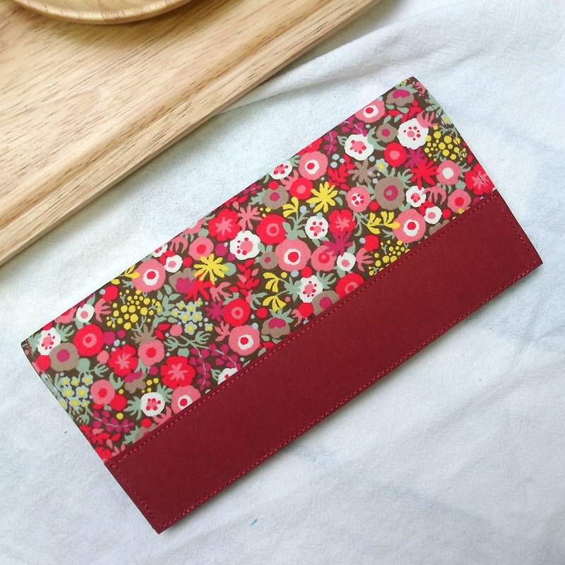 Floral Japanese Cloth Washed Kraft Paper Clip Long Clip Wallet - Wallets - Paper Red