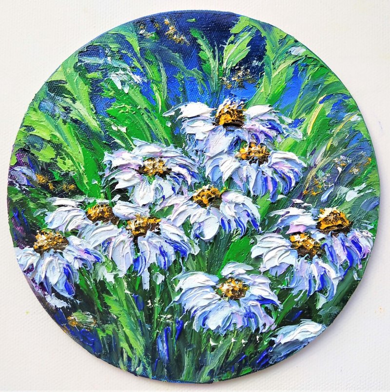 Daisy Painting Floral Original Art Flowers Artwork diameter 18cm/7 in - โปสเตอร์ - ผ้าฝ้าย/ผ้าลินิน หลากหลายสี