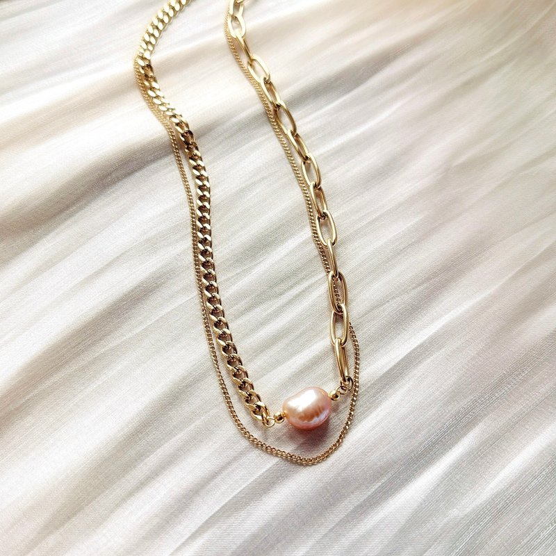 Radiant Natural Baroque Pearl Layered Steel Necklace 【Graduation Gift】 - Necklaces - Pearl 
