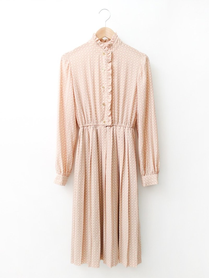 【RE0503D1089】日本製森林系復古粉橘色幾何長袖薄春夏古著洋裝 - 連身裙 - 聚酯纖維 橘色
