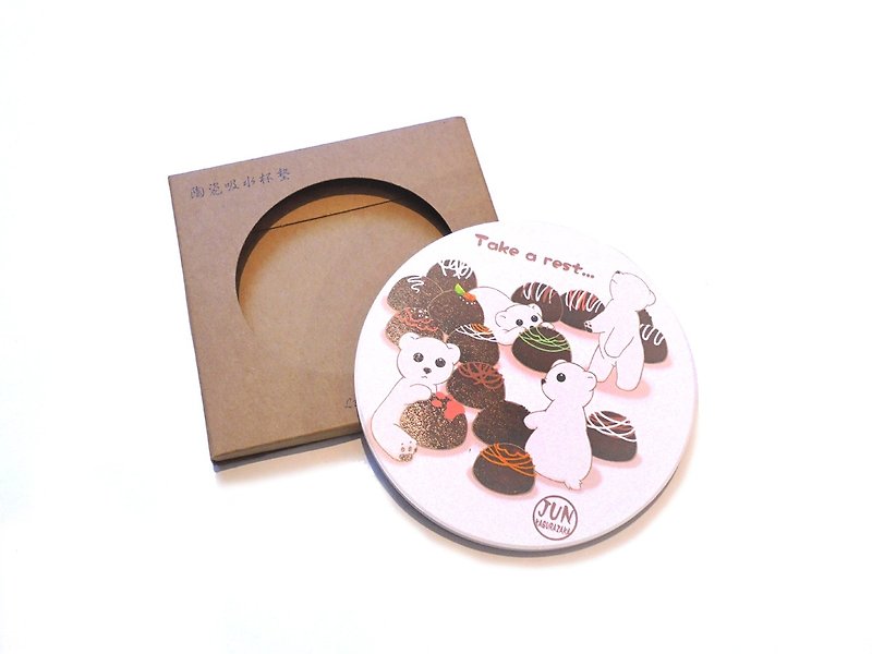 Polar bear ceramic absorbent coaster~dessert series~chocolate white bear - Coasters - Pottery Multicolor