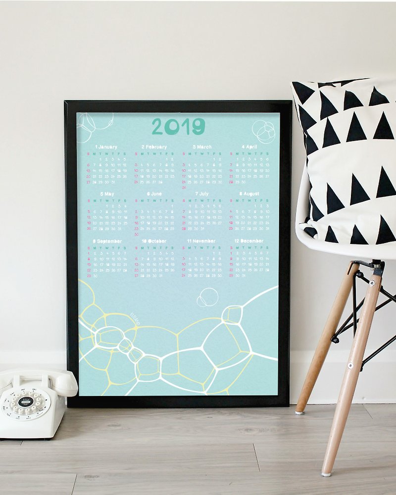 2019 Bubble Theme Calendar Poster Print, Wall Calendar, Holiday gift, Wall art - Calendars - Paper Blue