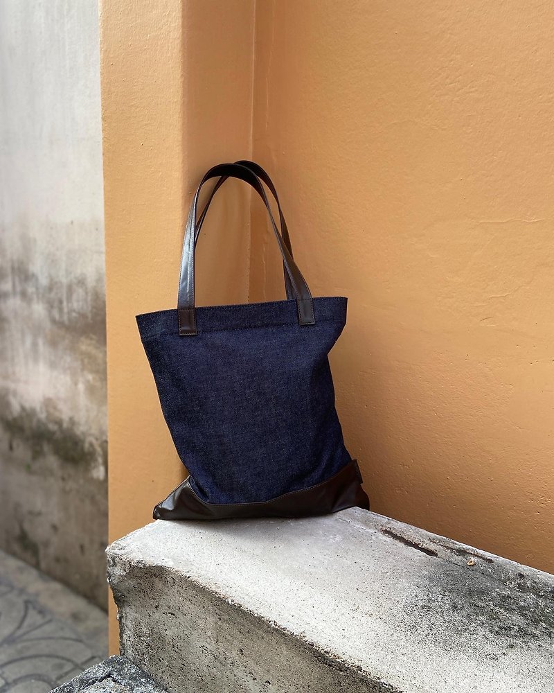 dd tote: raw denim x leather tote in brown (with zipper) - Handbags & Totes - Genuine Leather Brown