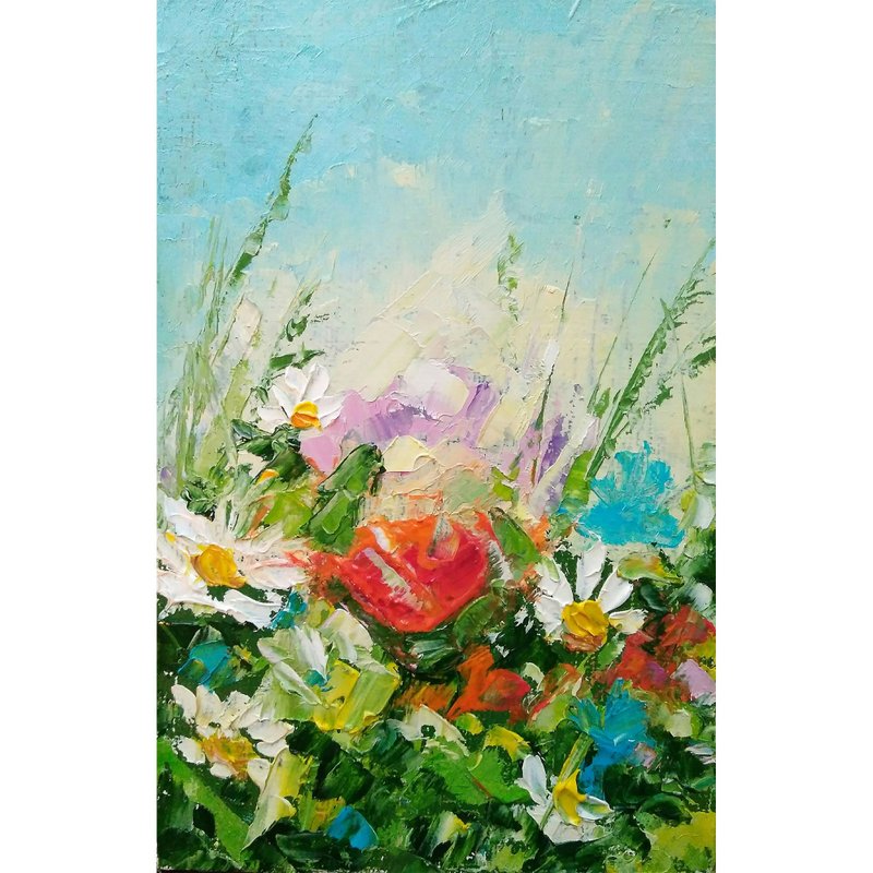 Meadow Painting, Floral Original Art, Small Flower Artwork, Wildflower Wall Art - 海報/掛畫/掛布 - 其他材質 多色