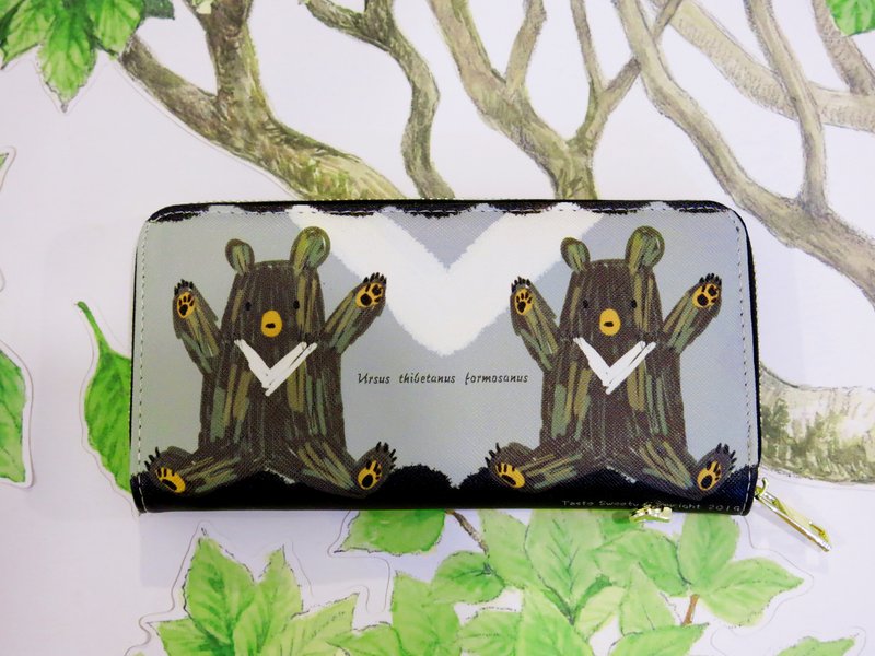 Happiness design striped animal long clip/big V small black bear - Wallets - Faux Leather Gray