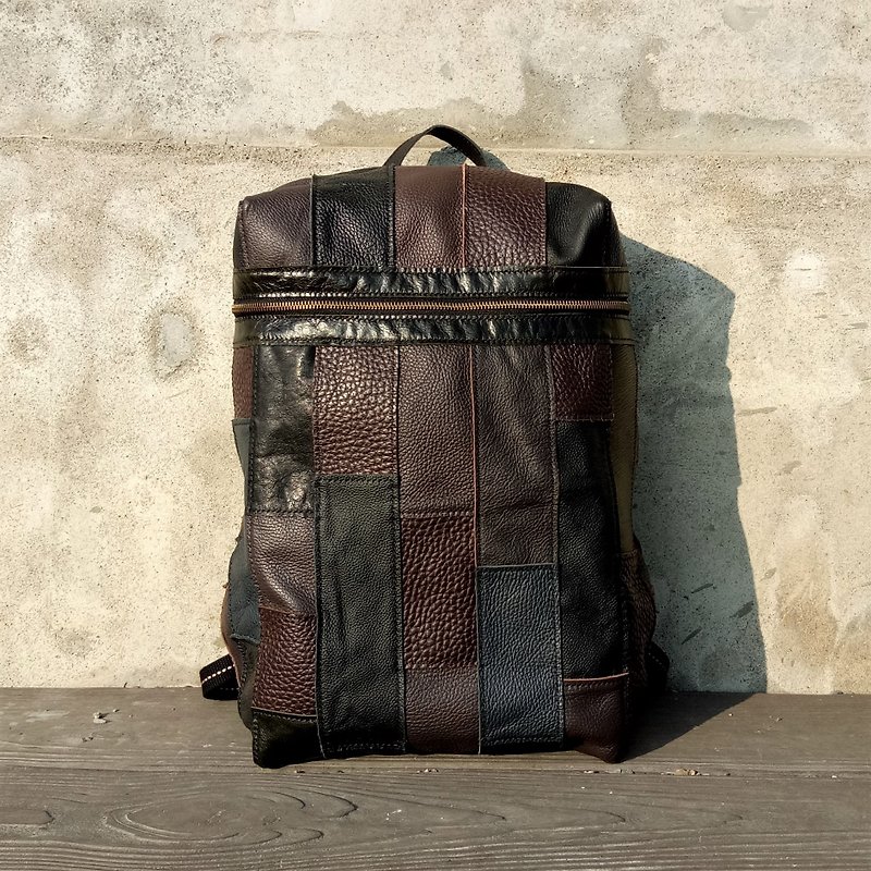 Black geometric backpack (all hand sewing / all leather) - กระเป๋าเป้สะพายหลัง - หนังแท้ สีดำ