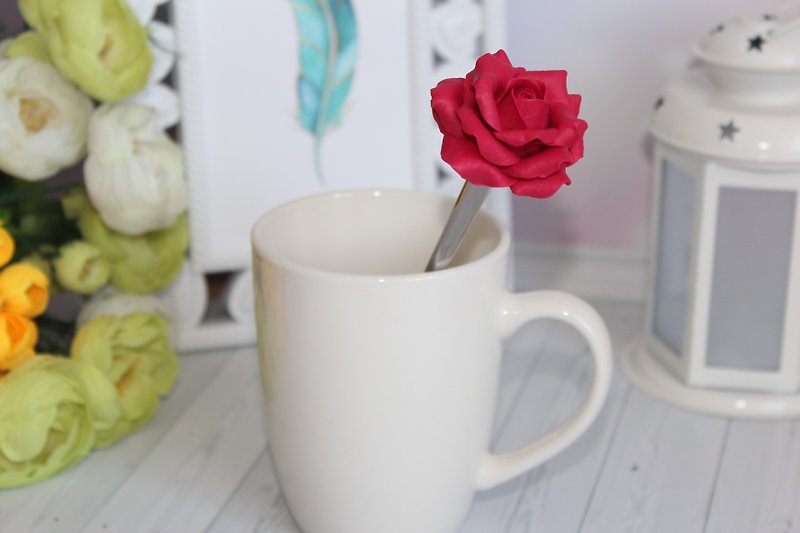 Miniature flowers, rose spoon, mom's gift, cutlery with decor, girls gift ideas - Cutlery & Flatware - Other Materials Red