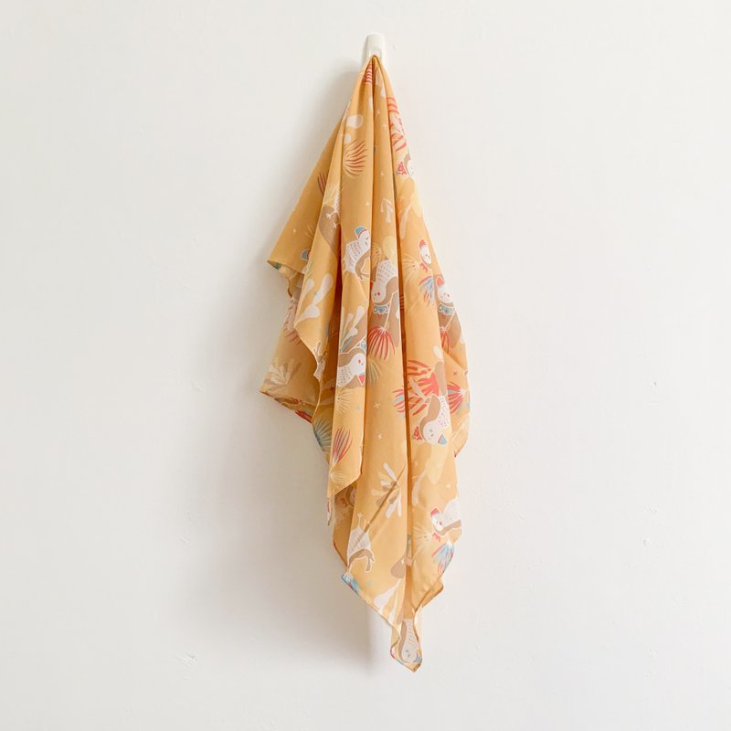 Silk scarf 87x87cm Little Puffin Prince | Printed silk scarf, light chiffon scarf exchange gift - Scarves - Polyester Gold