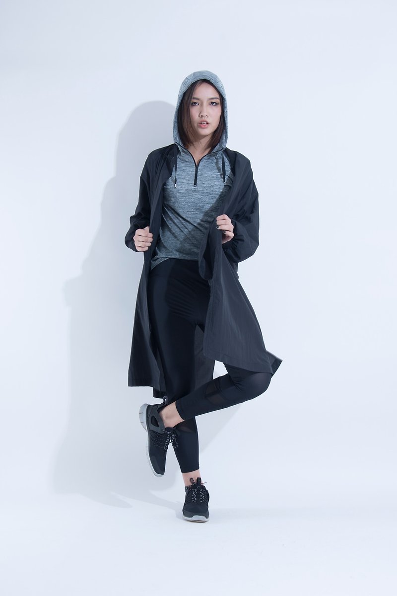 aine ann / Lightweight waist drawstring long trench coat-black - เสื้อสูท/เสื้อคลุมยาว - เส้นใยสังเคราะห์ สีดำ