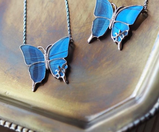 一点限り♡未使用大きな蝶⭐︎Beautiful Butterflies3点セット モルフォ蝶の大きなペンダントまっすぐSilver naturama｜項鍊