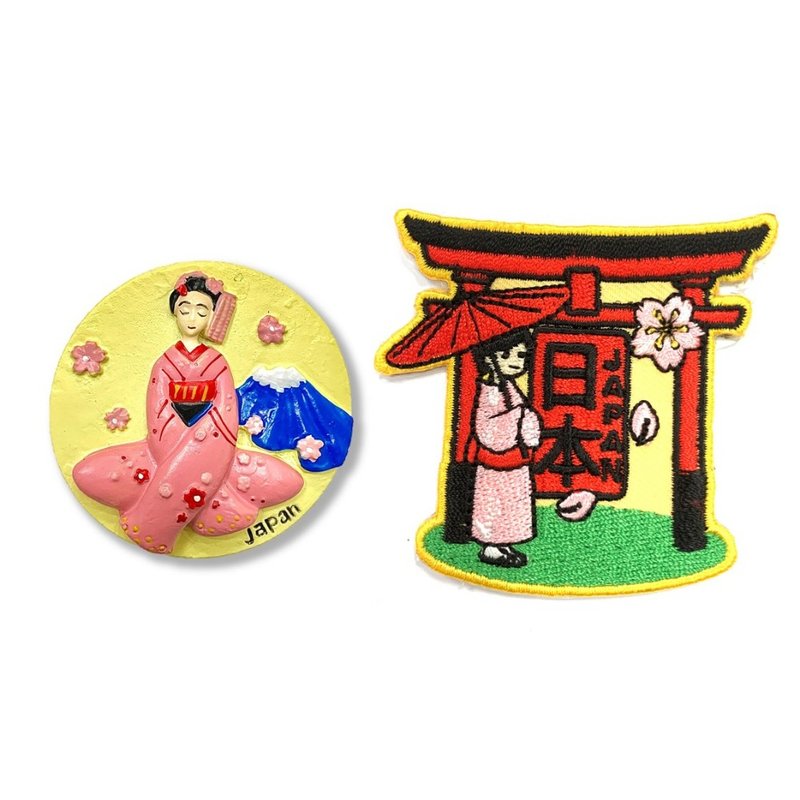 日本 富士山和服少女質感磁鐵+日本  和服少女鳥居刺繡【2件組】 - 磁鐵 - 橡膠 多色