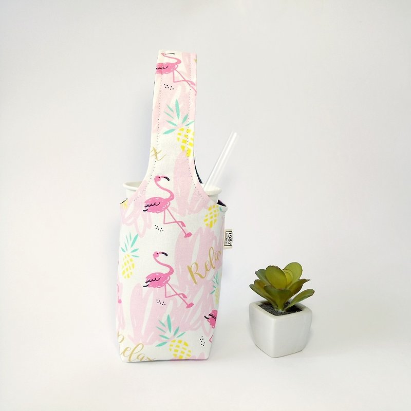 [Summer flamingo-powder] double-sided beverage cup set ice tyrants cup set green cup kettle bag - Beverage Holders & Bags - Cotton & Hemp Pink