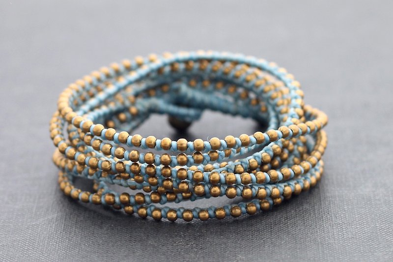 Pastel Blue Beaded Wrap Bracelet Woven Boho Cute Gift For her - สร้อยข้อมือ - ผ้าฝ้าย/ผ้าลินิน สีน้ำเงิน