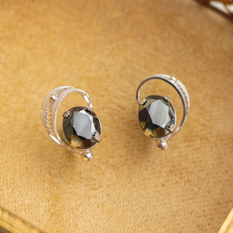 American Sorrento brand antique sterling silver filigree craft inlaid oval cut hematite ear bolts - Earrings & Clip-ons - Sterling Silver Silver