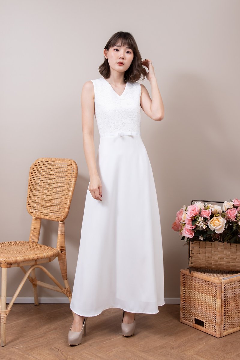 White Dress Minimal wedding dress vintage style sleeveless party dress bridal - 洋裝/連身裙 - 聚酯纖維 白色