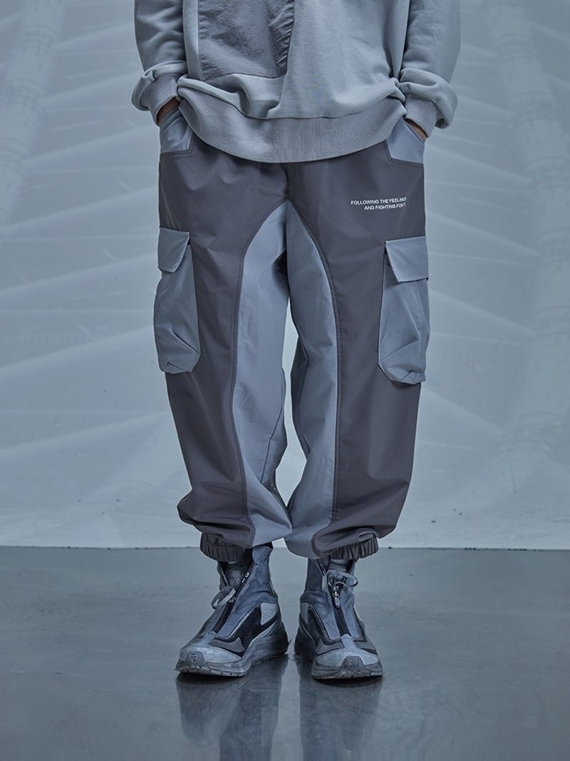Paneled Multi-pocket Drawstring Pants Sports Workwear Casual Loose Pants - Men's Pants - Polyester Gray