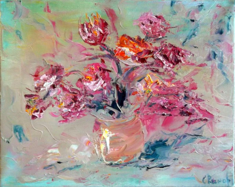 Pink Yellow Roses Flower Bouquet Vase Oil Painting Impasto Original ArtistSvinar - 其他 - 其他材質 多色