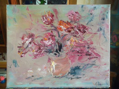 絵画　花瓶　油絵 ピンクと黄色のバラの花の花束花瓶油絵厚塗りオリジナル