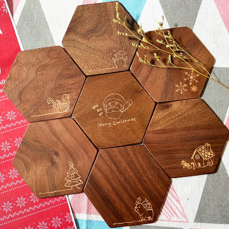 Log Hexagon Coaster - Christmas Series (7 in a set) - Coasters - Wood Brown