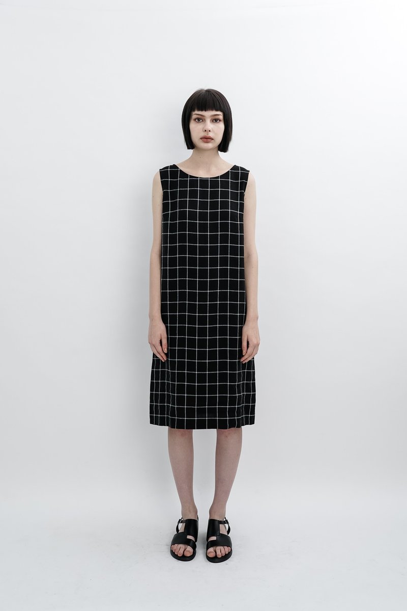 Large visual plaid. Haig cotton Linen dress. Spring Summer | Ysanne - ชุดเดรส - ผ้าฝ้าย/ผ้าลินิน สีดำ