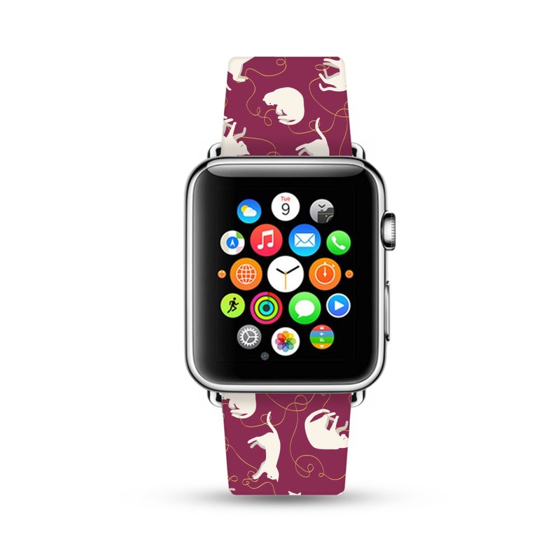 可愛白色小貓 Apple Watch 真皮手錶帶 38 40 42 44 mm -309 - 錶帶 - 真皮 紅色