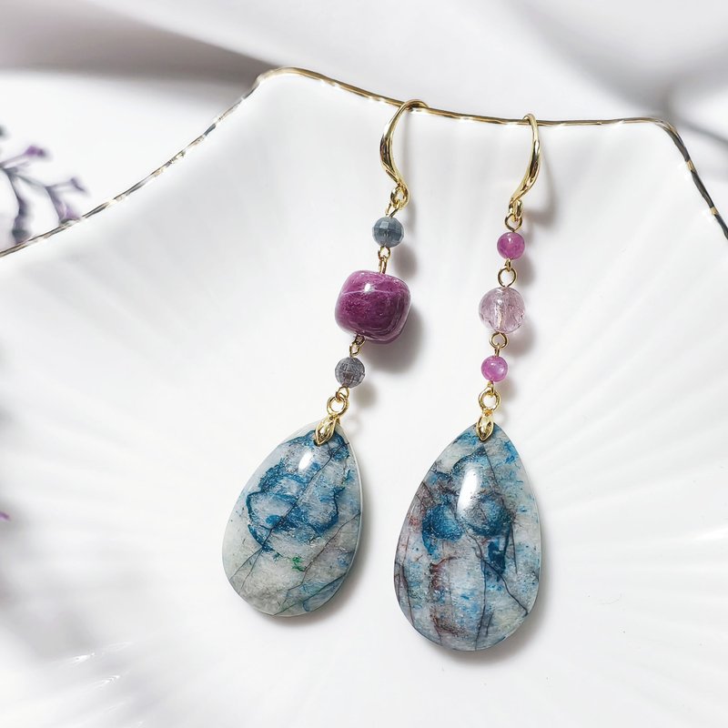 稀有 藍銅礦 鳳凰石 紅寶石 尖晶石 富貴 大寶石 耳環 單品 禮物 - 耳環/耳夾/耳骨夾 - 寶石 藍色