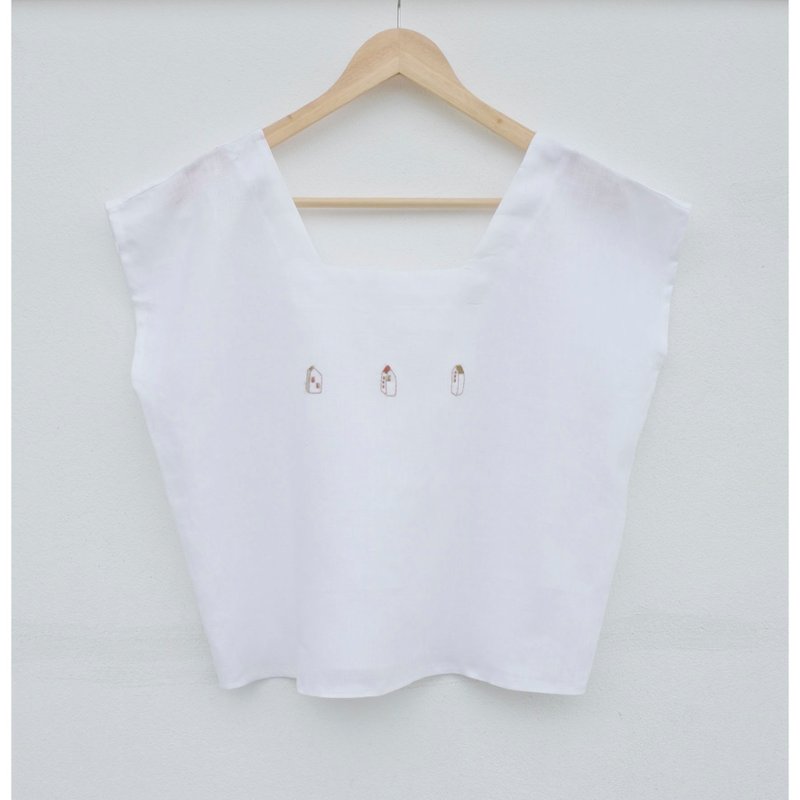 Embroidery | Linen | Square neck shirt, white - 女襯衫 - 棉．麻 白色