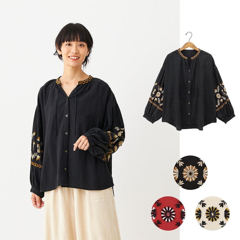【預訂】印度製 東歐風花卉刺繡襯衫 - 女上衣/長袖上衣 - 棉．麻 黑色