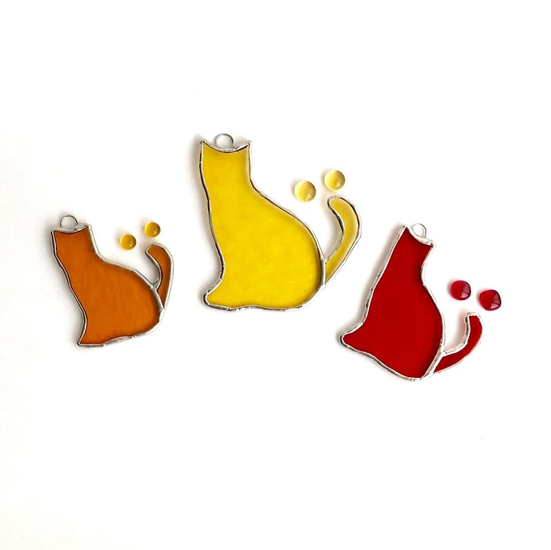 Stained glass sun catcher Trois chats 3 pieces - ตกแต่งผนัง - แก้ว สีเหลือง