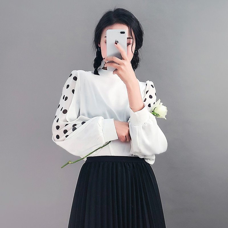 2019 Women's Spring Wear Stand Collar Lantern Sleeve Top Shirt YSYS-6778X - เสื้อเชิ้ตผู้หญิง - เส้นใยสังเคราะห์ ขาว