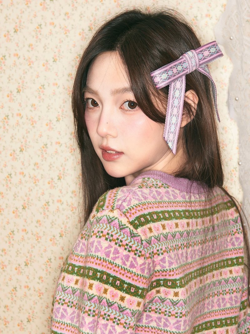雙色蝴蝶結幾何圖案提花織帶髮夾可愛復古邊卡 - 髮夾/髮圈 - 其他材質 粉紅色