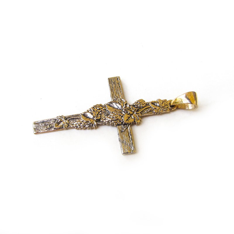 Cross with grape vine necklace pendant,christianity bronze cross with grape vine - 吊飾/掛飾 - 銅/黃銅 金色