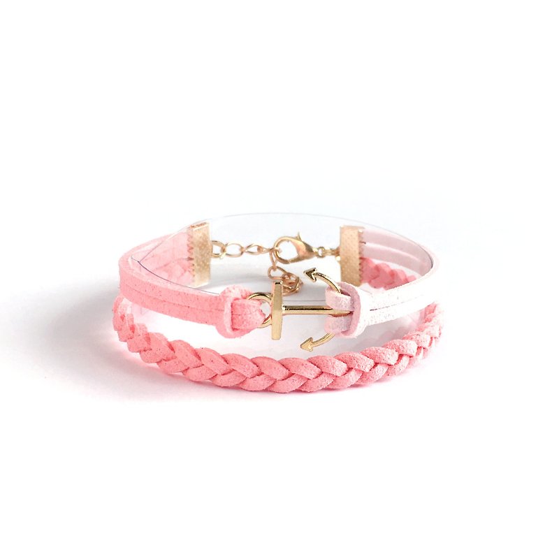 Handmade Double Braided Anchor Bracelets Rose Gold Series-light pink - Bracelets - Other Materials Pink