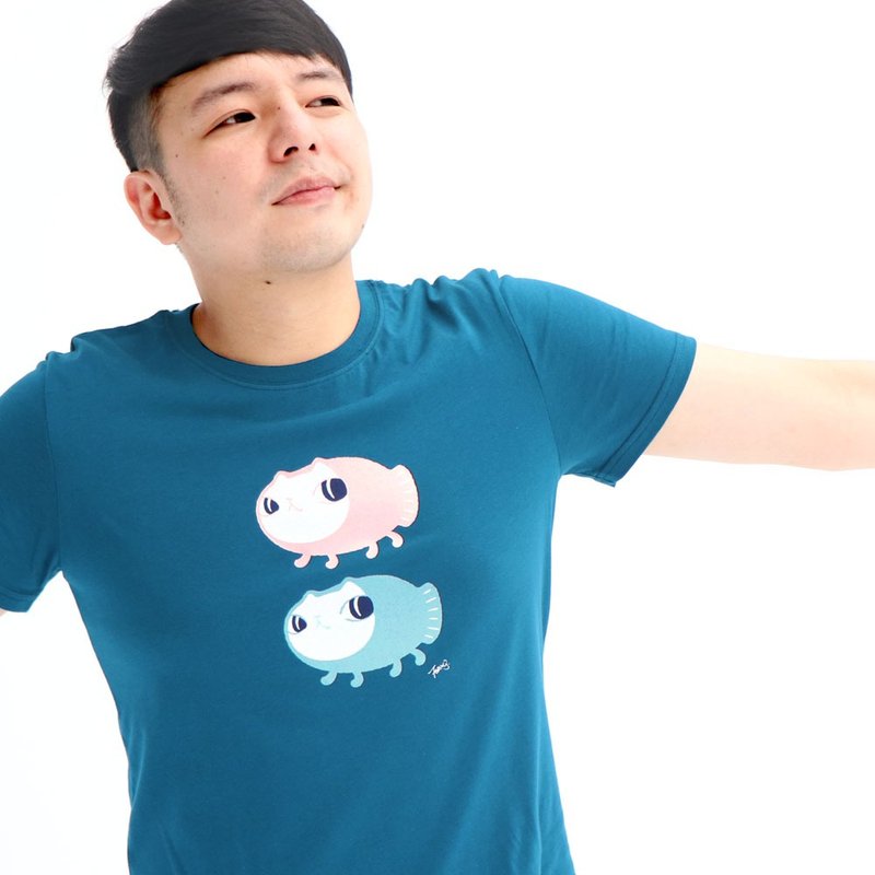baby fishcat - Elio中性短袖 tshirt - 男 T 恤 - 棉．麻 藍色