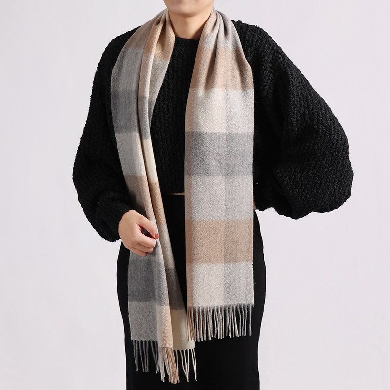 灰棕格紋 | 獨創格紋 喀什米爾圍巾 - 絲巾 - 羊毛 卡其色