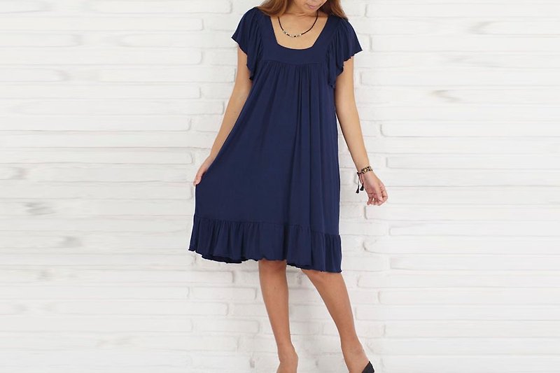Adult cute simple flare sleeve ruffle dress <navy> - One Piece Dresses - Other Materials Blue