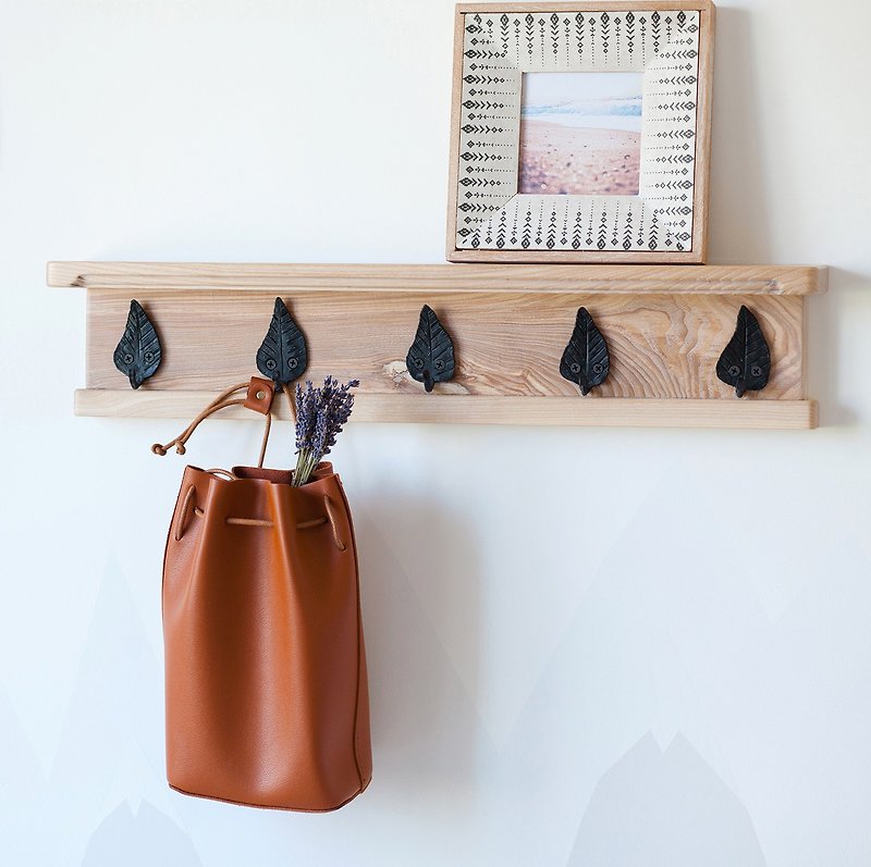 Wood Shelves & Baskets - Solid Wood Wall Hanger with Handmade Wrought Iron Hooks for Entryway, Shelf