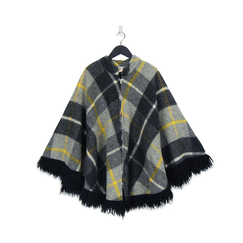 A‧PRANK: DOLLY :: Vintage VINTAGE gray black wool plaid zipper fringed cape blouse (T712040) - Women's Sweaters - Cotton & Hemp Gray