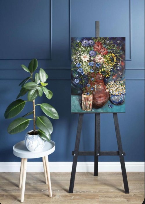 夜の静物、カモミールの花、油絵、印象派の芸術、芸術家
